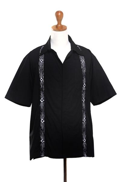 Alternate image for Mens Black Embroidered Cotton Shirt Black Borders