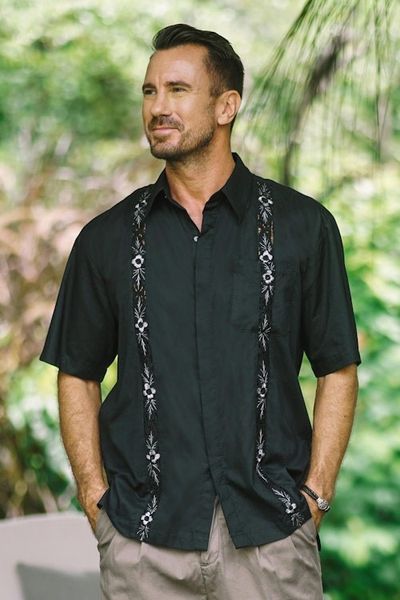 Alternate image for Mens Black Embroidered Cotton Shirt Black Borders