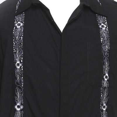 Alternate image for Mens Black Embroidered Cotton Shirt Black Borders