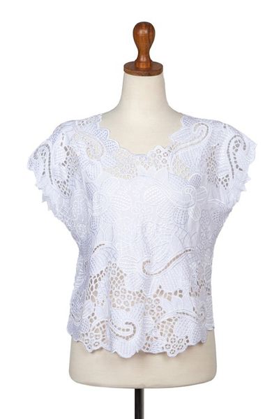 Alternate image for Floral White-On-White Openwork and Embroidered Rayon Top Rose Mallow in White