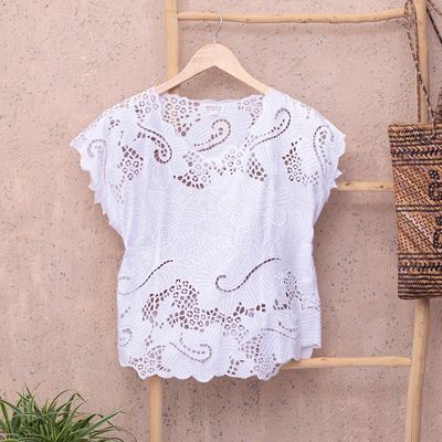 Alternate image for Floral White-On-White Openwork and Embroidered Rayon Top Rose Mallow in White