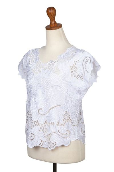Alternate image for Floral White-On-White Openwork and Embroidered Rayon Top Rose Mallow in White