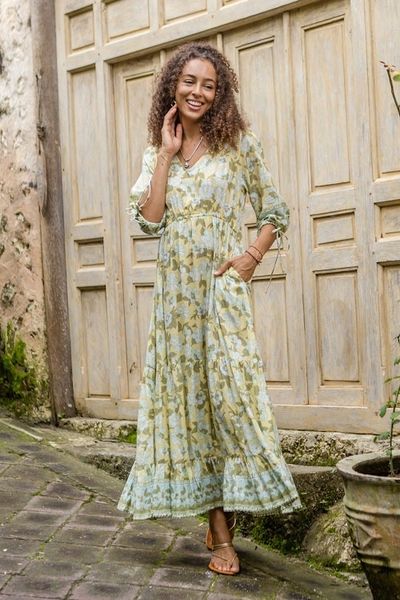 Alternate image for Rayon Batik Maxi Dress with Floral Pattern Crafted in Bali Spring Blossom