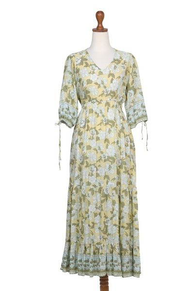 Alternate image for Rayon Batik Maxi Dress with Floral Pattern Crafted in Bali Spring Blossom