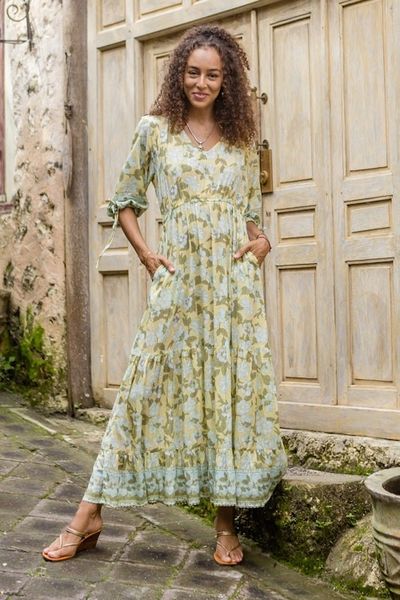 Alternate image for Rayon Batik Maxi Dress with Floral Pattern Crafted in Bali Spring Blossom