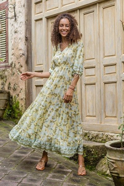 Alternate image for Rayon Batik Maxi Dress with Floral Pattern Crafted in Bali Spring Blossom