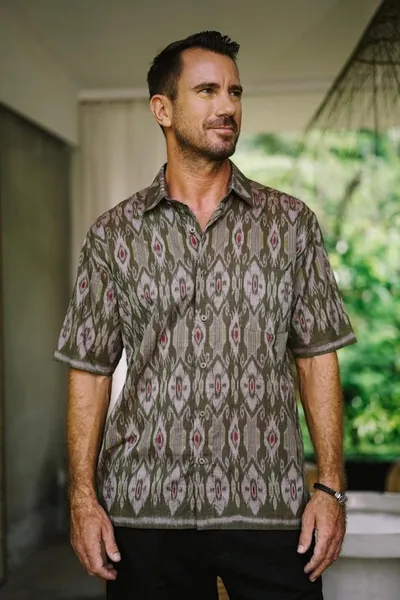 Alternate image for Hand Woven Mens Short Sleeved Cotton Shirt Green Summer