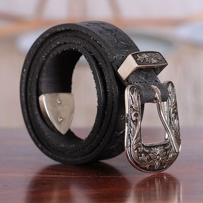 Alternate image for Classic Star-Themed Onyx Leather Belt with Brass Buckle Onyx Classic