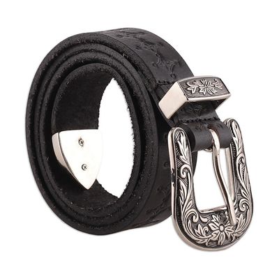 Alternate image for Classic Star-Themed Onyx Leather Belt with Brass Buckle Onyx Classic