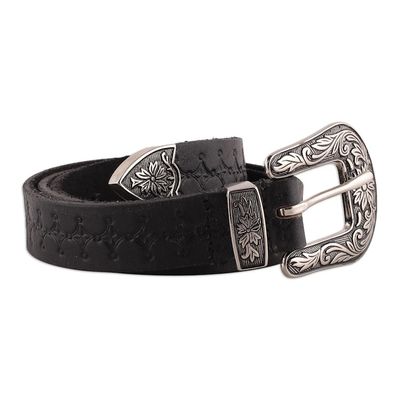 Alternate image for Classic Star-Themed Onyx Leather Belt with Brass Buckle Onyx Classic