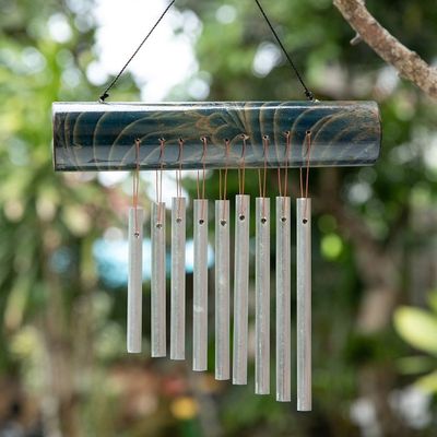 Alternate image for Bamboo Wind Chime in Blue with Nine Aluminum Pipes from Bali Early Morning Song in Blue
