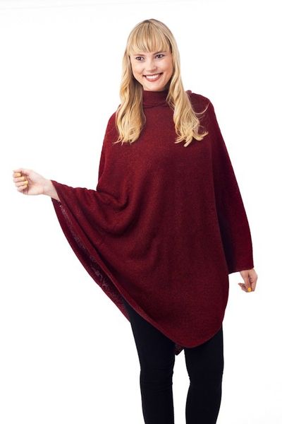 Alternate image for Knit Alpaca Blend Hooded Poncho in Crimson from Peru Adventurous Style in Crimson