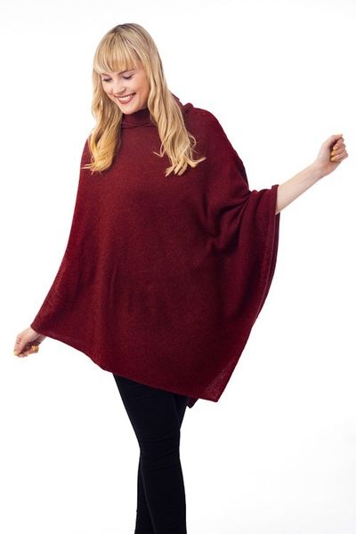 Alternate image for Knit Alpaca Blend Hooded Poncho in Crimson from Peru Adventurous Style in Crimson