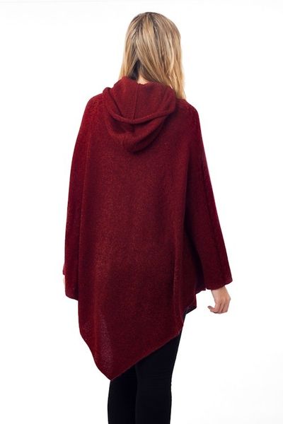 Alternate image for Knit Alpaca Blend Hooded Poncho in Crimson from Peru Adventurous Style in Crimson