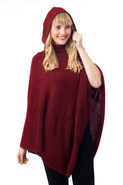 Alternate image for Knit Alpaca Blend Hooded Poncho in Crimson from Peru Adventurous Style in Crimson