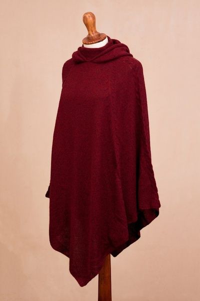 Alternate image for Knit Alpaca Blend Hooded Poncho in Crimson from Peru Adventurous Style in Crimson