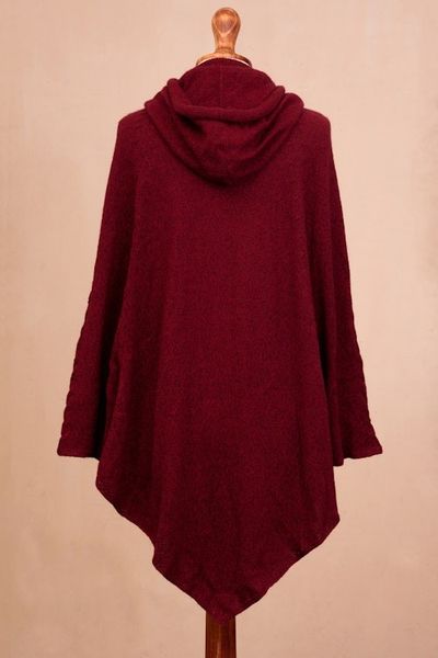 Alternate image for Knit Alpaca Blend Hooded Poncho in Crimson from Peru Adventurous Style in Crimson
