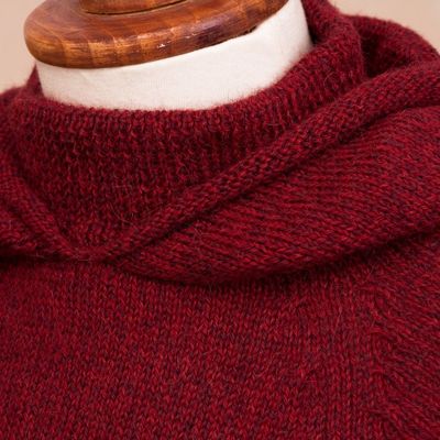 Alternate image for Knit Alpaca Blend Hooded Poncho in Crimson from Peru Adventurous Style in Crimson