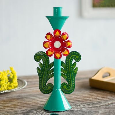 Alternate image for Recycled Metal Flower Candle Holder in Aqua from Peru Margarita Beauty in Aqua