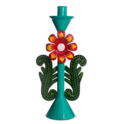 Alternate image for Recycled Metal Flower Candle Holder in Aqua from Peru Margarita Beauty in Aqua