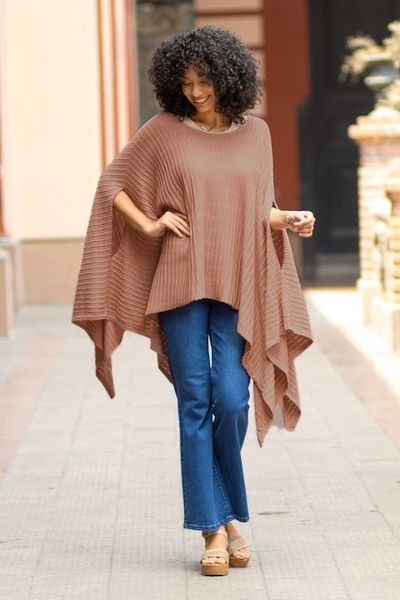 Alternate image for Organic Pima Cotton Knitted Poncho in Peach from Peru Pintu Spring in Peach