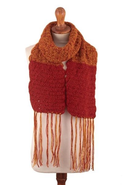 Alternate image for Crocheted Fringed 100 Alpaca Scarf from Peru Winter Fire