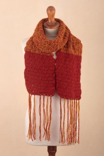 Alternate image for Crocheted Fringed 100 Alpaca Scarf from Peru Winter Fire