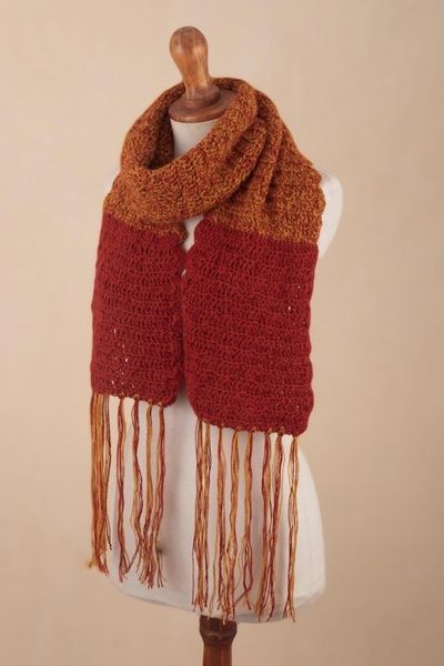 Alternate image for Crocheted Fringed 100 Alpaca Scarf from Peru Winter Fire
