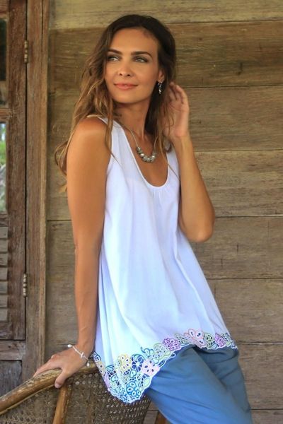 Alternate image for Floral Embroidered Rayon Blouse in White from Bali Flower Colors in White