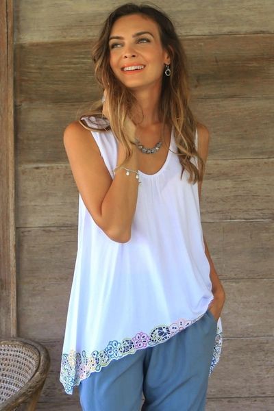 Alternate image for Floral Embroidered Rayon Blouse in White from Bali Flower Colors in White