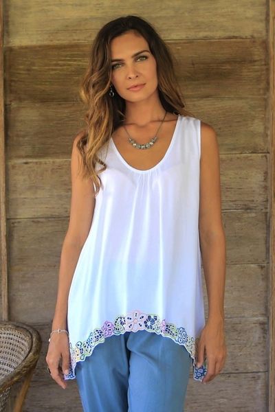 Alternate image for Floral Embroidered Rayon Blouse in White from Bali Flower Colors in White