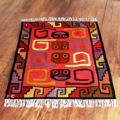 Alternate image for Handcrafted Geometric Wool Area Rug 4x5 Ceremonial Masks