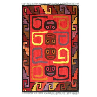 Alternate image for Handcrafted Geometric Wool Area Rug 4x5 Ceremonial Masks