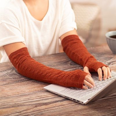 Alternate image for 100 Baby Alpaca Orange Knit Fingerless Mitts From Peru Luscious Twist in Orange