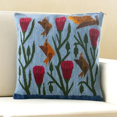 Alternate image for Blue Floral Wool Cushion Cover from Peru Birds and Flowers in Sky Blue