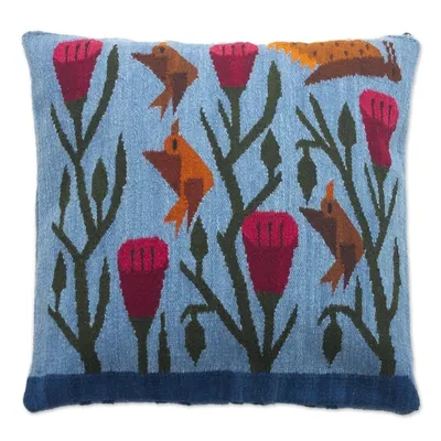 Alternate image for Blue Floral Wool Cushion Cover from Peru Birds and Flowers in Sky Blue