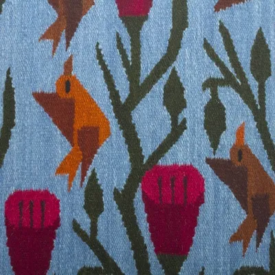 Alternate image for Blue Floral Wool Cushion Cover from Peru Birds and Flowers in Sky Blue