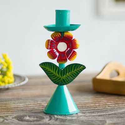 Alternate image for Floral Recycled Metal Candle Holder in Aqua from Peru Delightful Flower in Aqua