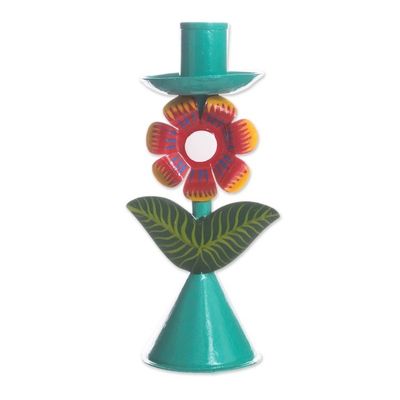 Alternate image for Floral Recycled Metal Candle Holder in Aqua from Peru Delightful Flower in Aqua