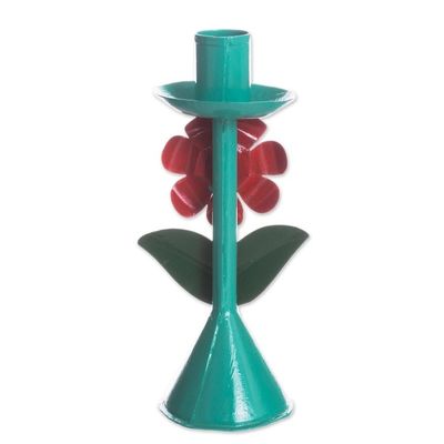 Alternate image for Floral Recycled Metal Candle Holder in Aqua from Peru Delightful Flower in Aqua