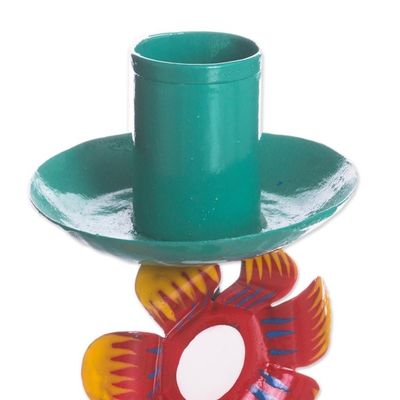Alternate image for Floral Recycled Metal Candle Holder in Aqua from Peru Delightful Flower in Aqua