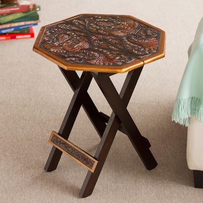 Alternate image for Peruvian Animal Themed Leather Wood Folding Table Octagonal Birds of Paradise