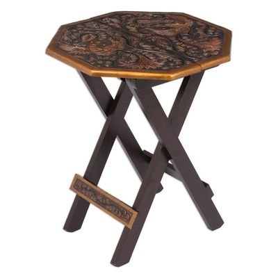 Alternate image for Peruvian Animal Themed Leather Wood Folding Table Octagonal Birds of Paradise
