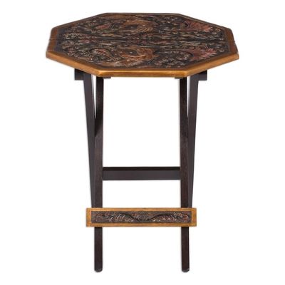 Alternate image for Peruvian Animal Themed Leather Wood Folding Table Octagonal Birds of Paradise