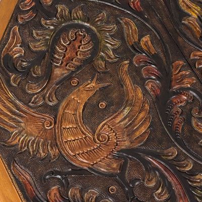 Alternate image for Peruvian Animal Themed Leather Wood Folding Table Octagonal Birds of Paradise