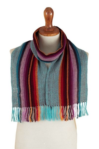 Alternate image for 100 Alpaca Striped Scarf with Fringe Hand-Woven in Peru Dusk