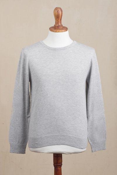 Alternate image for Mens Crew Neck Cotton Blend Pullover in Pearl Grey Classic Warmth in Pearl Grey