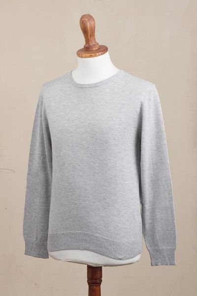 Alternate image for Mens Crew Neck Cotton Blend Pullover in Pearl Grey Classic Warmth in Pearl Grey