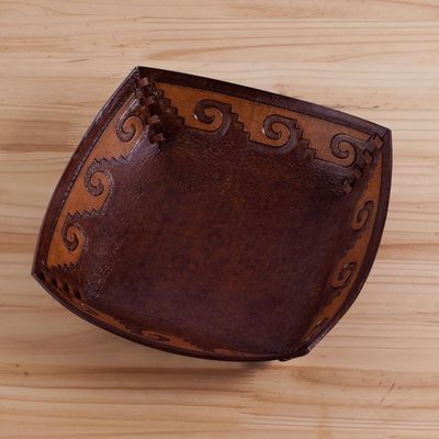 Alternate image for Handcrafted Tooled Leather Inca Wave Motif Catchall Inca Seacoast