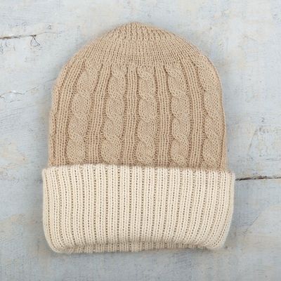 Alternate image for Reversible 100 Alpaca Cable Knit Hat in Ivory and Beige Warm and Snuggly